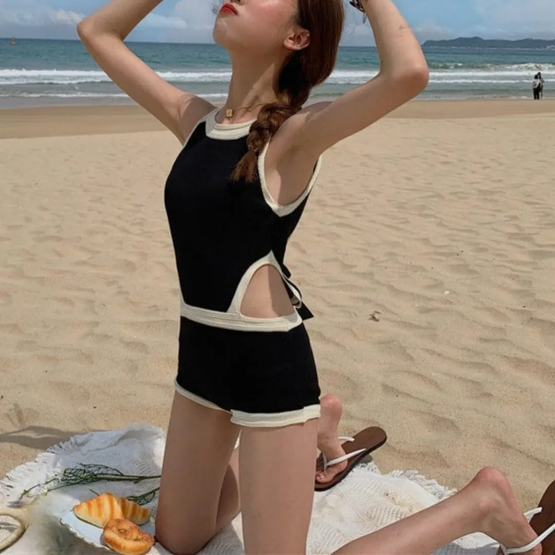 Women's Black 1 Piece Swimsuit, Backless Tummy Control Swimwear, Triangle Short Design, Anti-Slip for Beach