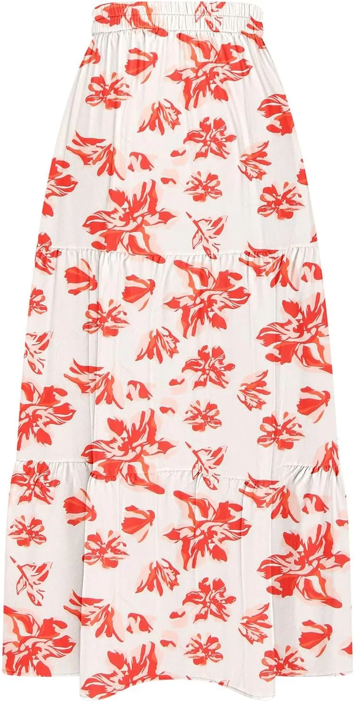 Women's Boho Floral Maxi Skirts Summer Elastic High Waist Flowy A-Line Skirts Split Side Vacation Beach Long Skirt