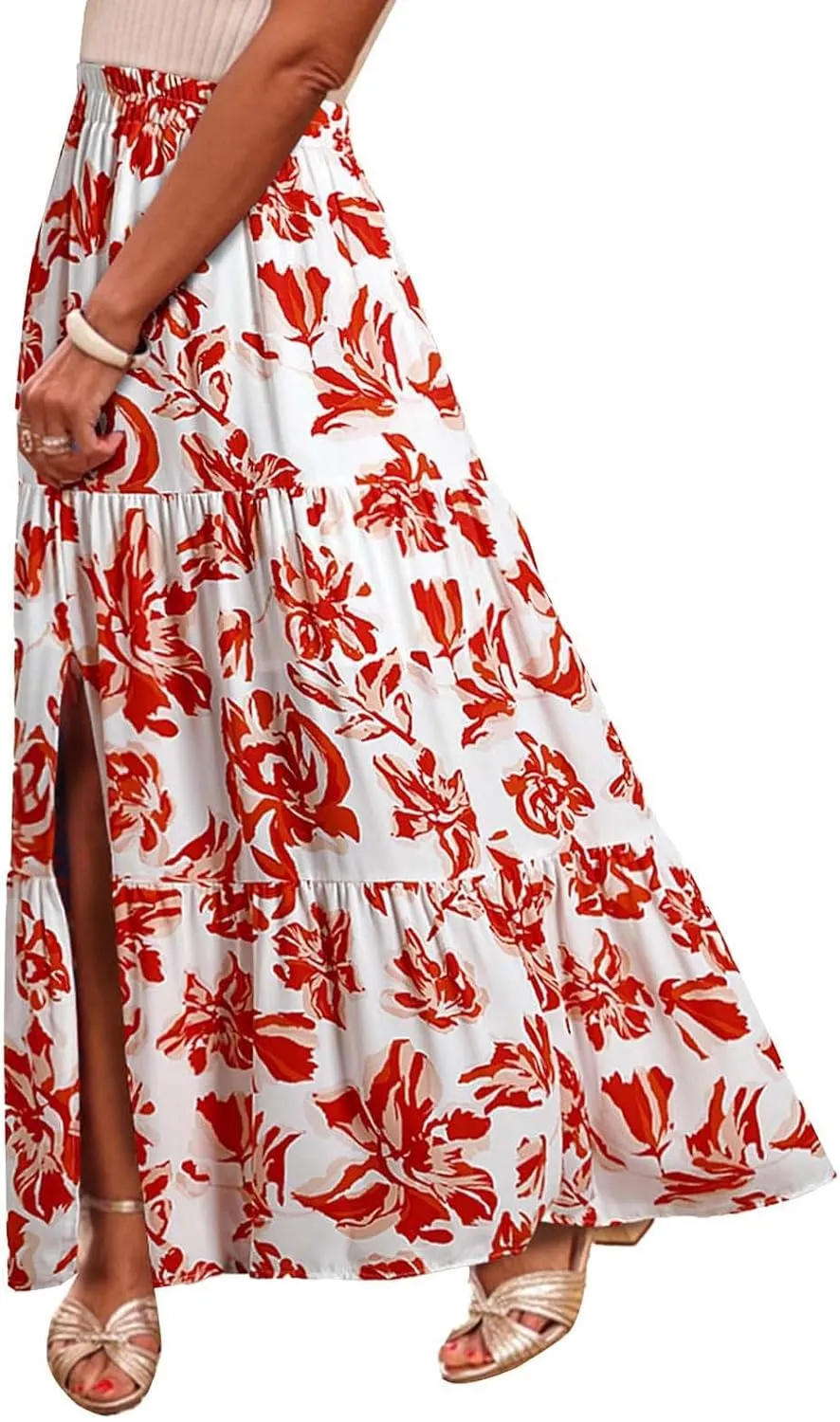 Women's Boho Floral Maxi Skirts Summer Elastic High Waist Flowy A-Line Skirts Split Side Vacation Beach Long Skirt