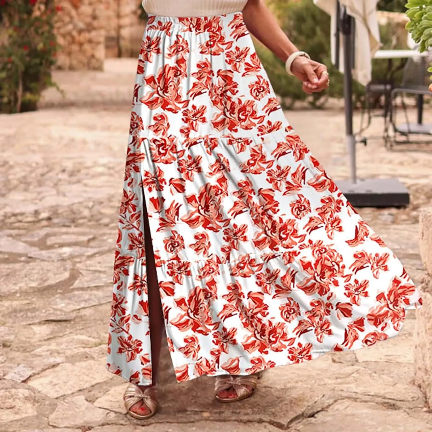 Women's Boho Floral Maxi Skirts Summer Elastic High Waist Flowy A-Line Skirts Split Side Vacation Beach Long Skirt