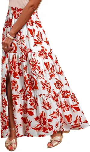 Women's Boho Floral Maxi Skirts Summer Elastic High Waist Flowy A-Line Skirts Split Side Vacation Beach Long Skirt