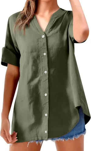 Women's Button Down Shirts Plain Long Sleeve Linen Summer Casual Oversized Blouse Tops Loose Fit Tee Tops