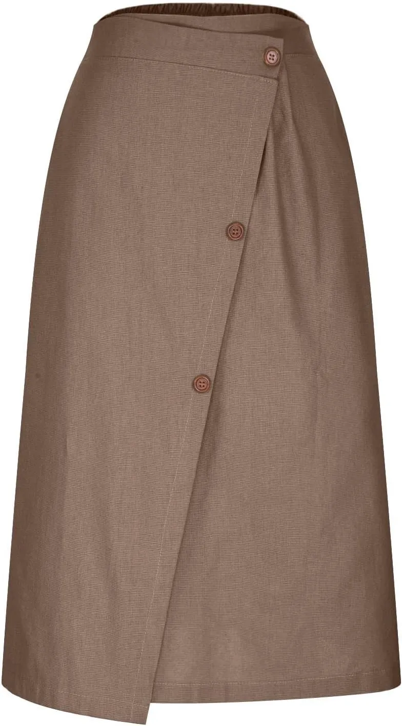 Womens Button Front Flowy Maxi Skirt A Line Cotton Linen Side Slit Summer Casual Loose Fit Pleated Long Skirts