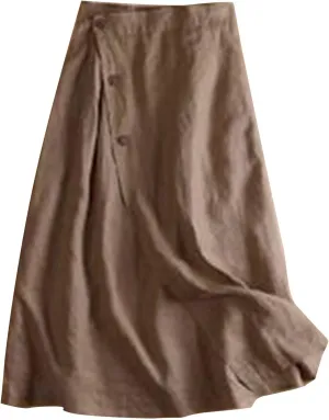 Womens Button Front Flowy Maxi Skirt A Line Cotton Linen Side Slit Summer Casual Loose Fit Pleated Long Skirts