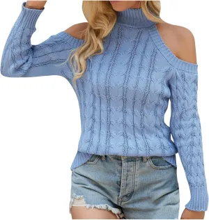 Womens Cable Knit Sweater Long Sleeve Loose Fit Cold Shoulder Sweaters Comfy Fashion Pullovers