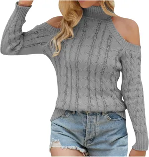Womens Cable Knit Sweater Long Sleeve Loose Fit Cold Shoulder Sweaters Comfy Fashion Pullovers