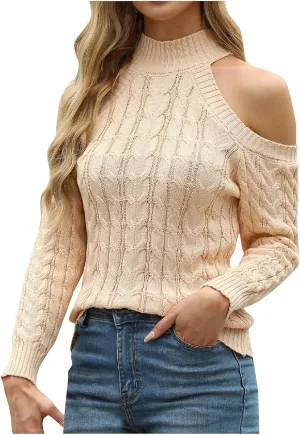 Womens Cable Knit Sweater Long Sleeve Loose Fit Cold Shoulder Sweaters Comfy Fashion Pullovers
