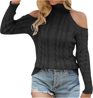 Womens Cable Knit Sweater Long Sleeve Loose Fit Cold Shoulder Sweaters Comfy Fashion Pullovers
