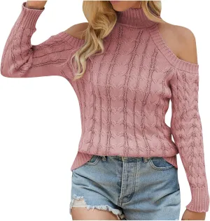 Womens Cable Knit Sweater Long Sleeve Loose Fit Cold Shoulder Sweaters Comfy Fashion Pullovers