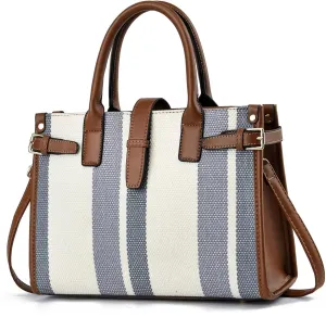 Women's Canvas Tote Bag with Brown and White Striped Design, Casual Handbag Large Canvas Tote Bag for Women - Multiple Colors