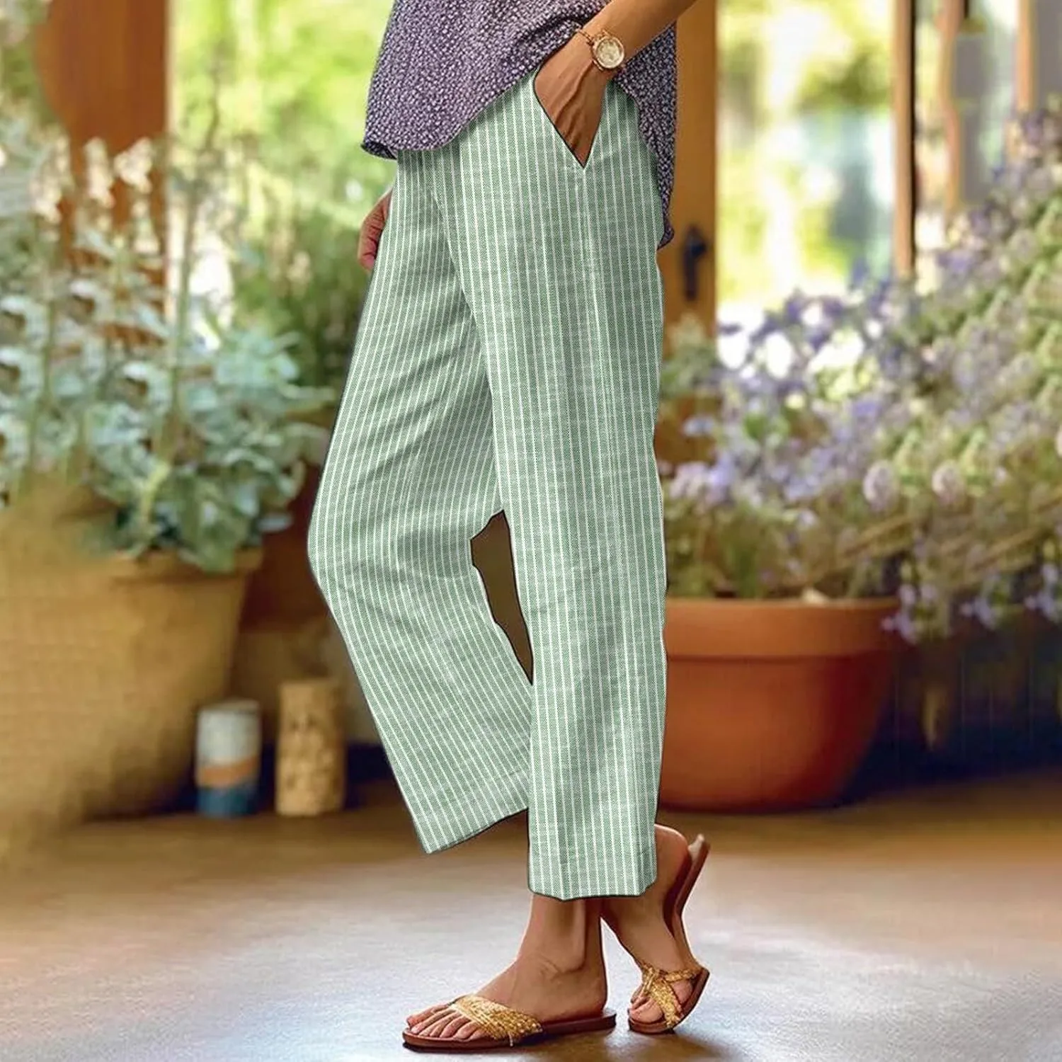 Women's Casual Boho Floral Print Cotton Linen Pants Elastic Waisted Drawstring Summer Spring Beach Baggy Capri