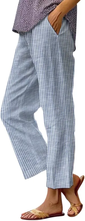Women's Casual Boho Floral Print Cotton Linen Pants Elastic Waisted Drawstring Summer Spring Beach Baggy Capri