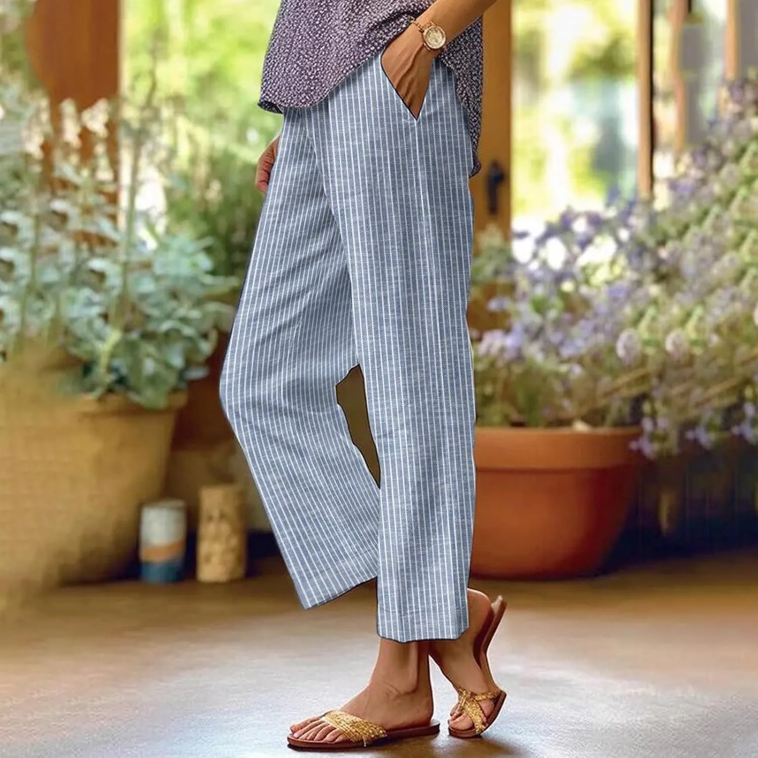Women's Casual Boho Floral Print Cotton Linen Pants Elastic Waisted Drawstring Summer Spring Beach Baggy Capri