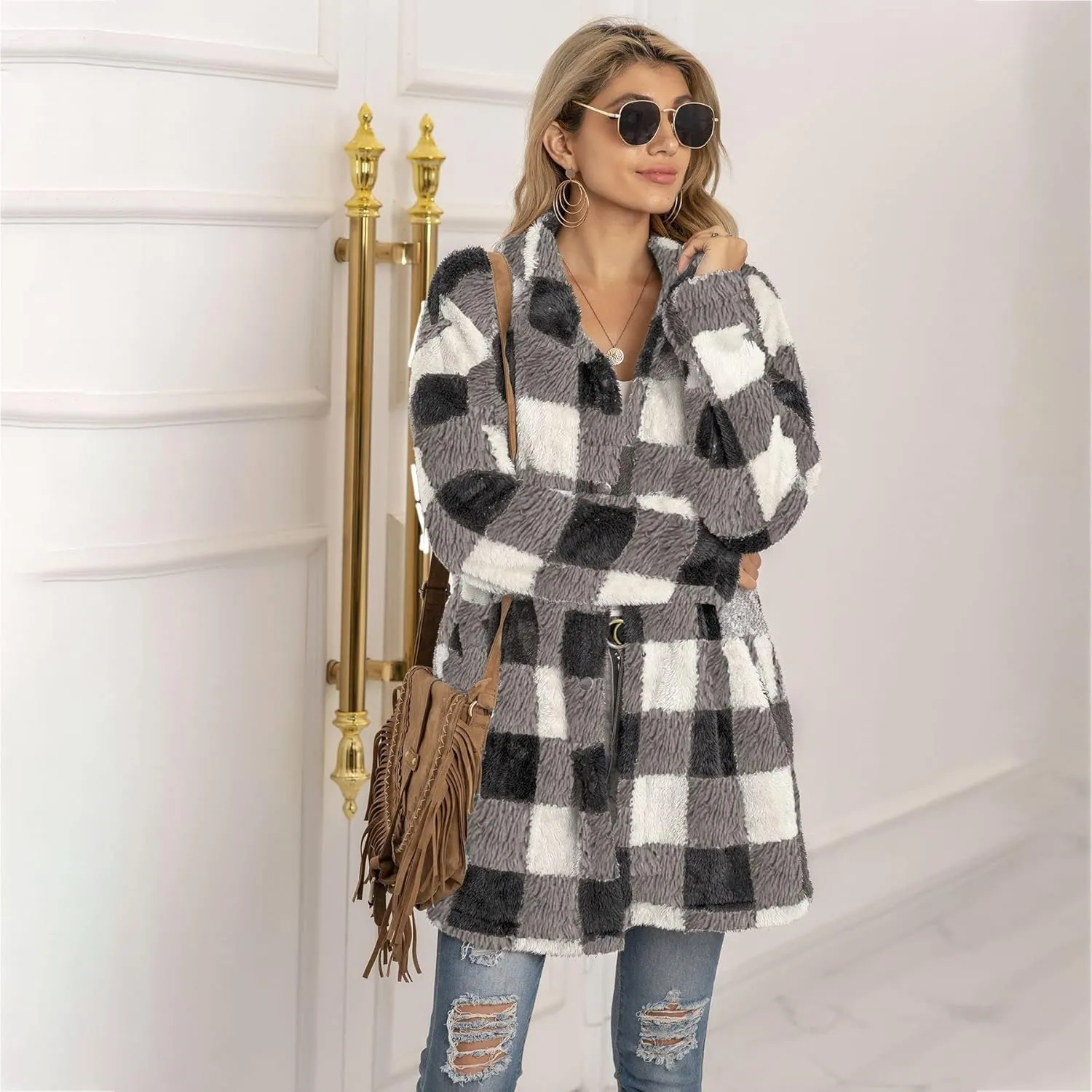 Women's Casual Christmas Plaid Jacket Long Sleeve Buttons Plush Cardigan Winter Warm Lapel Trench Coat (Color : 1, Size : Large)