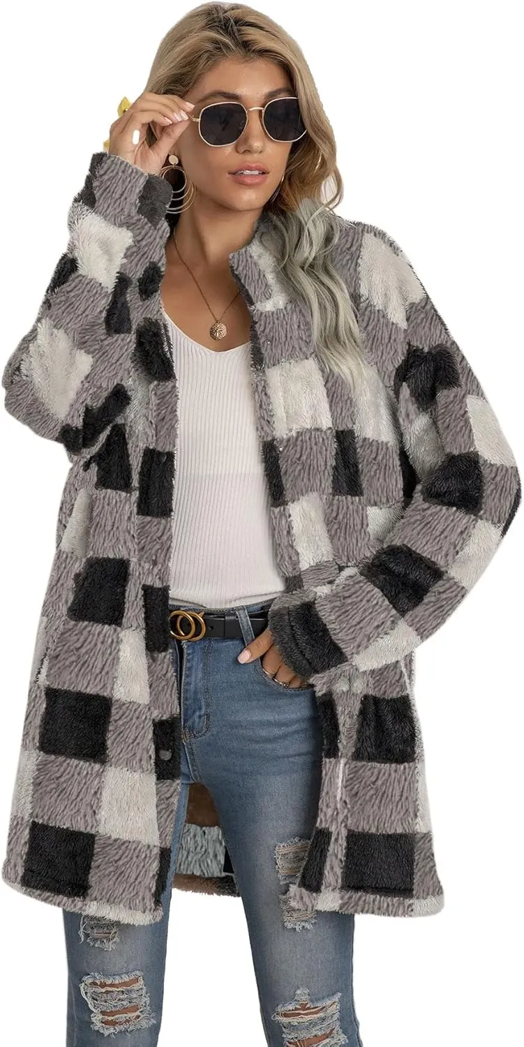Women's Casual Christmas Plaid Jacket Long Sleeve Buttons Plush Cardigan Winter Warm Lapel Trench Coat (Color : 1, Size : Large)