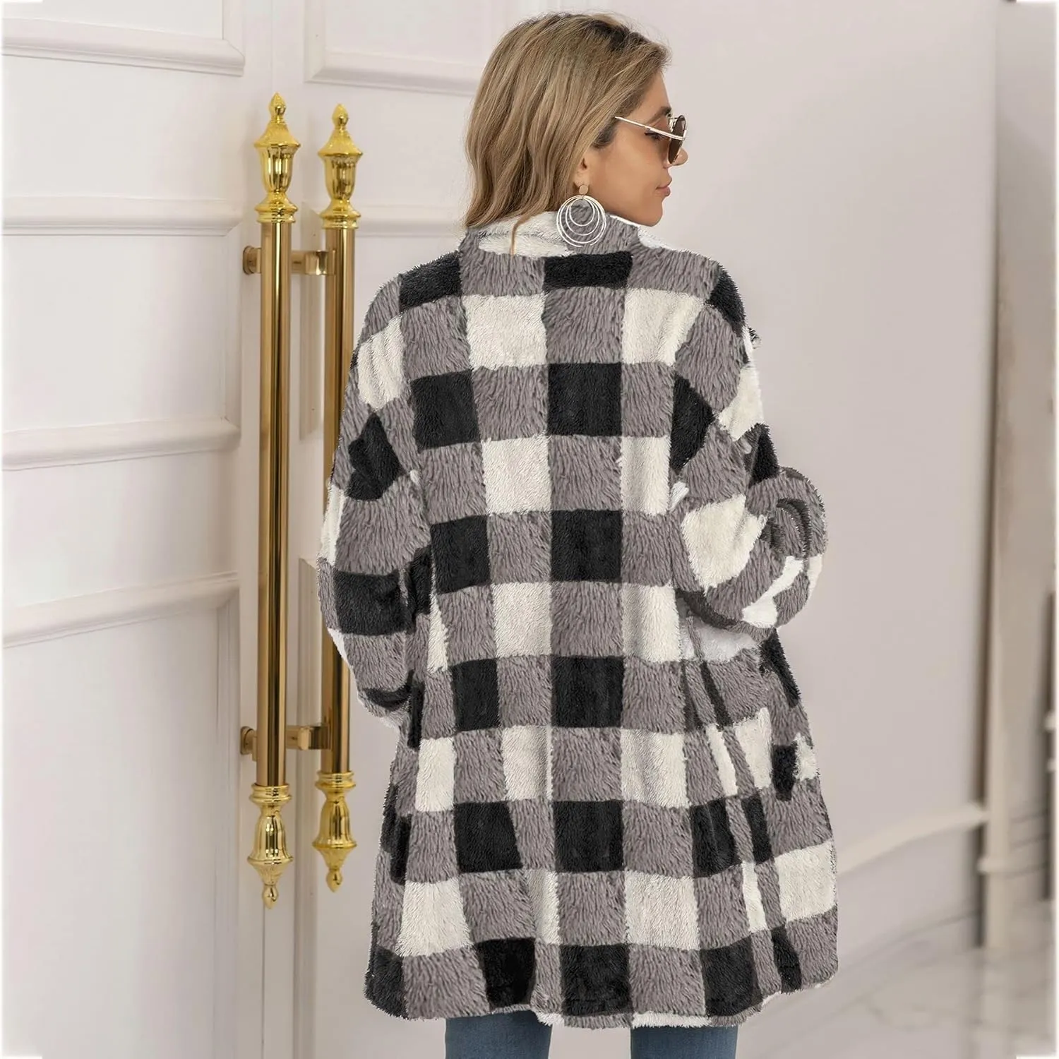 Women's Casual Christmas Plaid Jacket Long Sleeve Buttons Plush Cardigan Winter Warm Lapel Trench Coat (Color : 1, Size : Large)