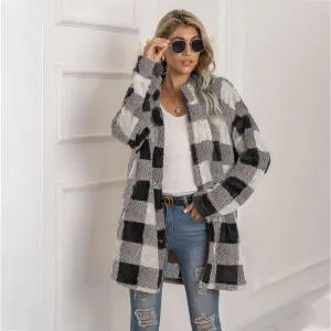 Women's Casual Christmas Plaid Jacket Long Sleeve Buttons Plush Cardigan Winter Warm Lapel Trench Coat (Color : 1, Size : Large)