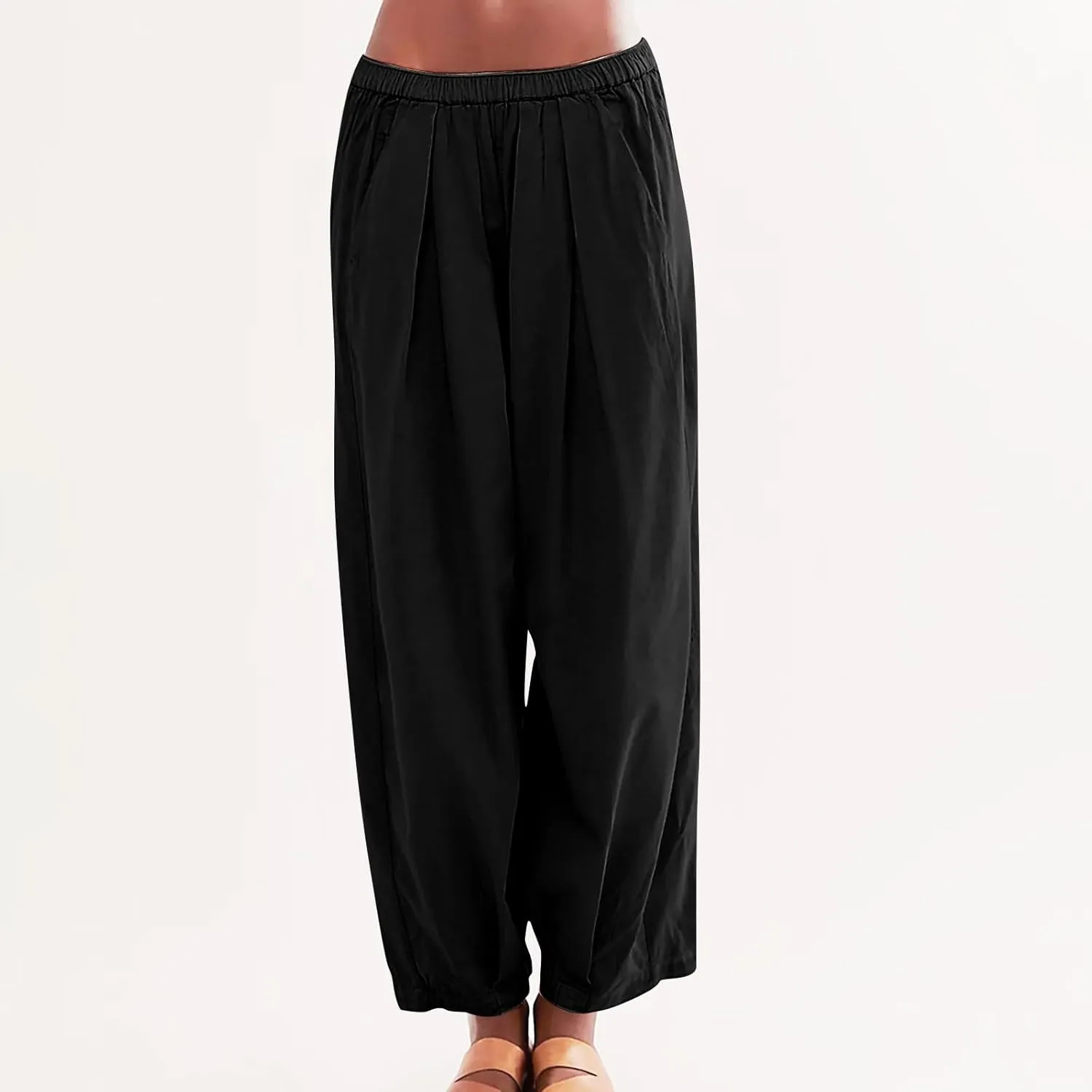 Womens Casual Cotton Linen Wide Leg Pants Elastic High Waisted Loose Pants Pleated Front Lounge Trousers Side Pockets