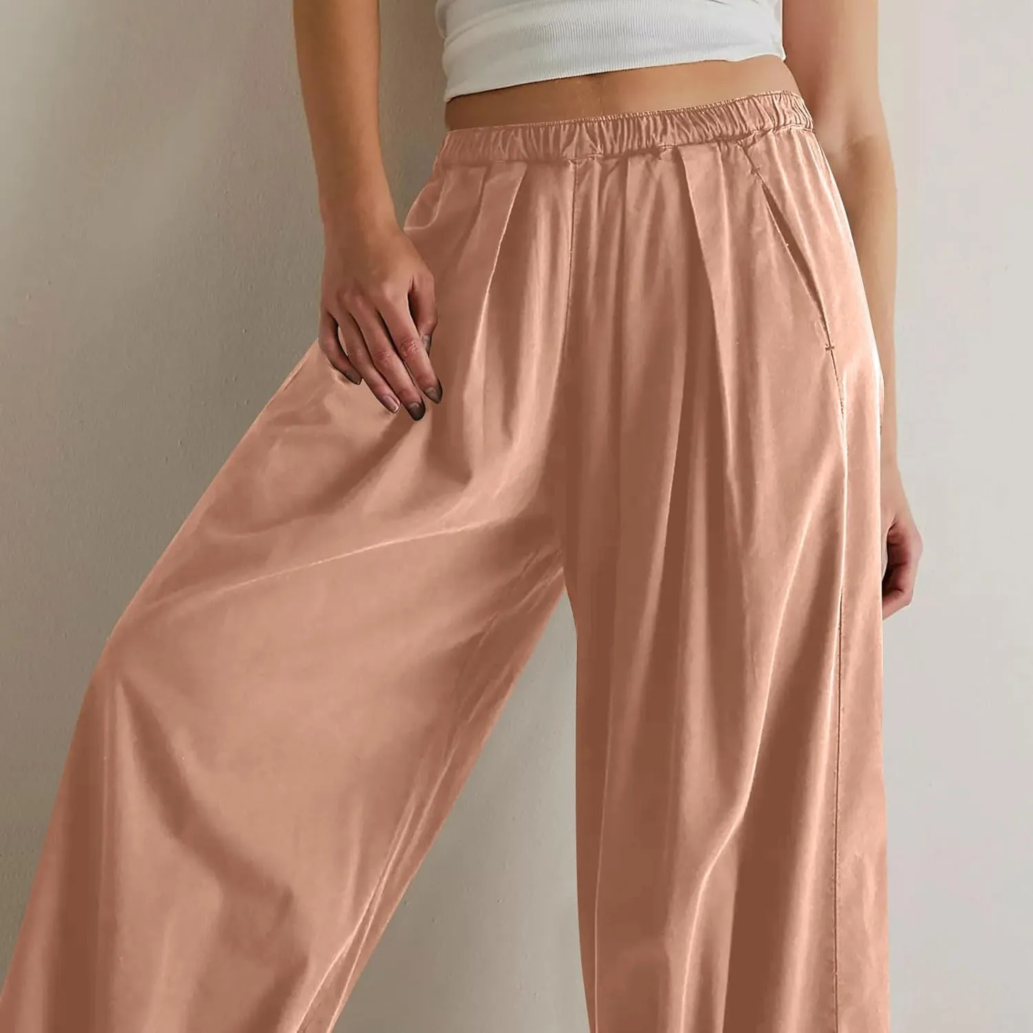 Womens Casual Cotton Linen Wide Leg Pants Elastic High Waisted Loose Pants Pleated Front Lounge Trousers Side Pockets