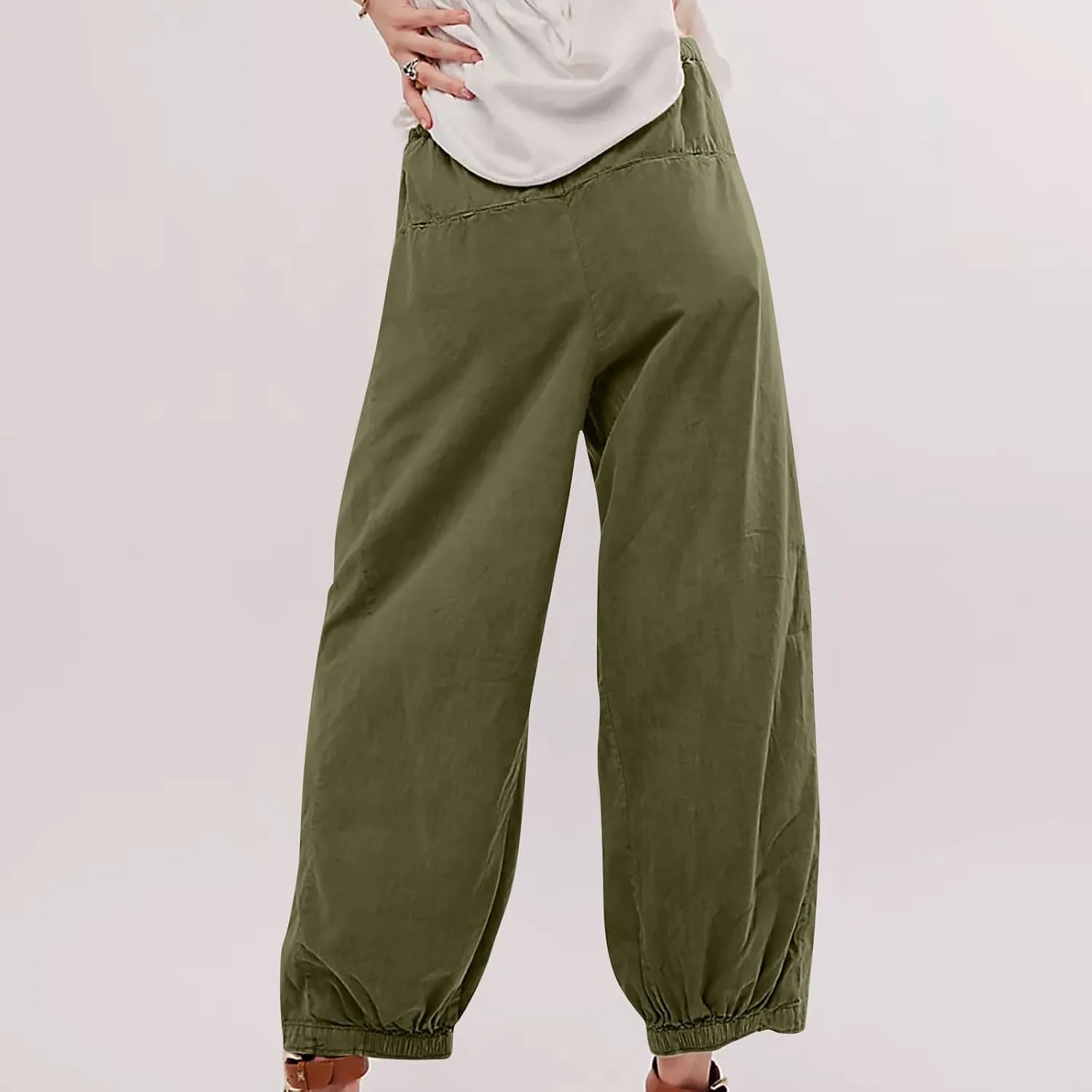 Womens Casual Cotton Linen Wide Leg Pants Elastic High Waisted Loose Pants Pleated Front Lounge Trousers Side Pockets
