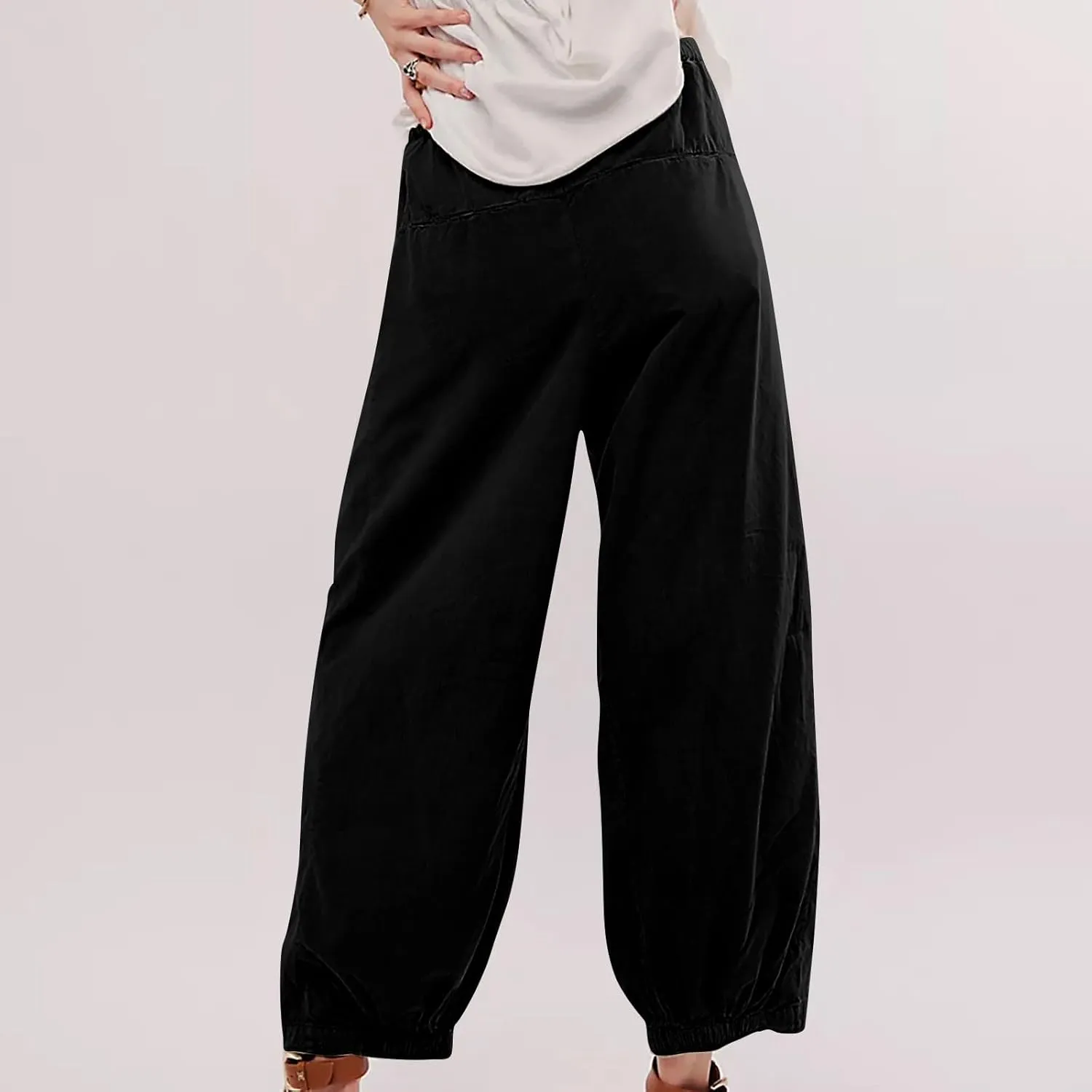 Womens Casual Cotton Linen Wide Leg Pants Elastic High Waisted Loose Pants Pleated Front Lounge Trousers Side Pockets
