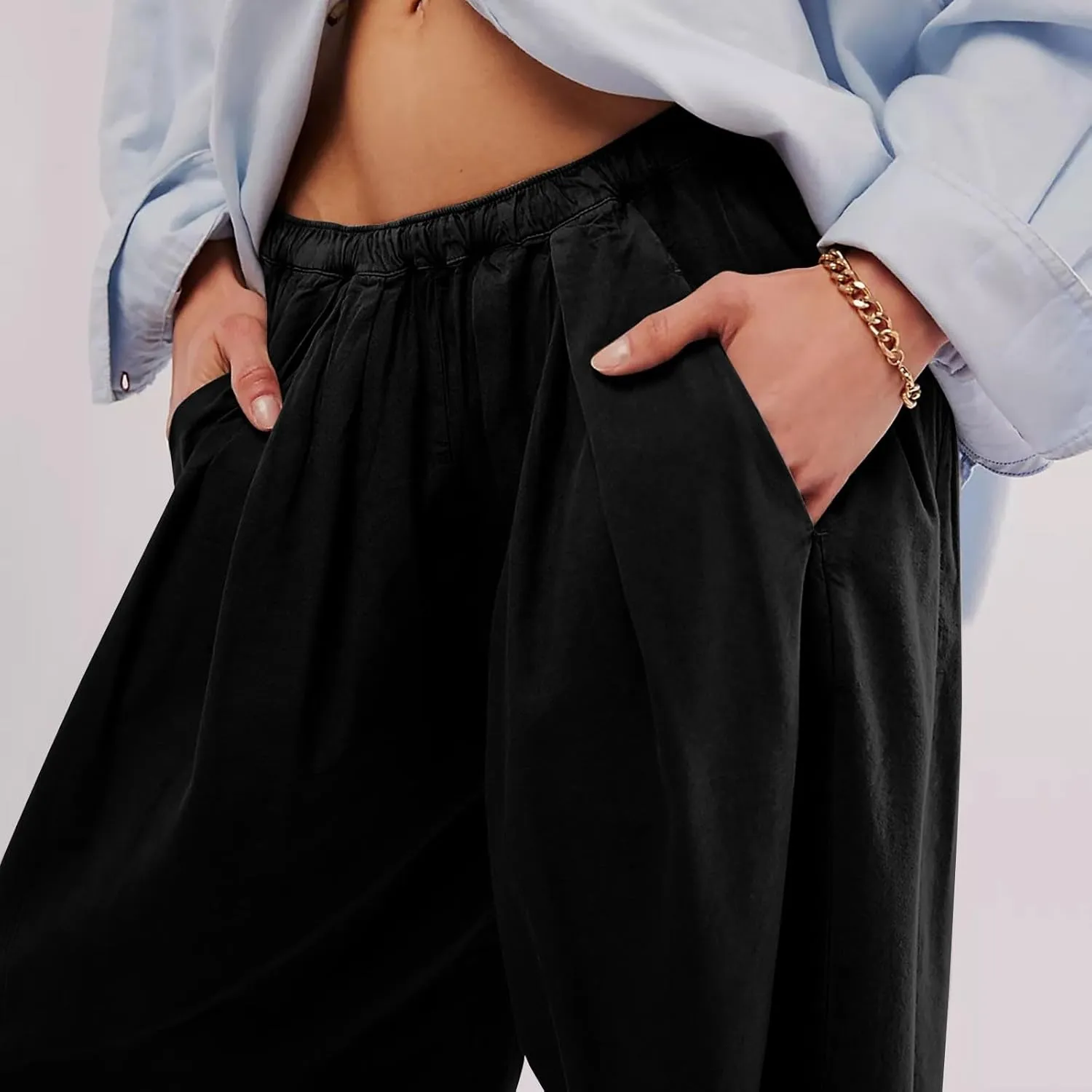 Womens Casual Cotton Linen Wide Leg Pants Elastic High Waisted Loose Pants Pleated Front Lounge Trousers Side Pockets