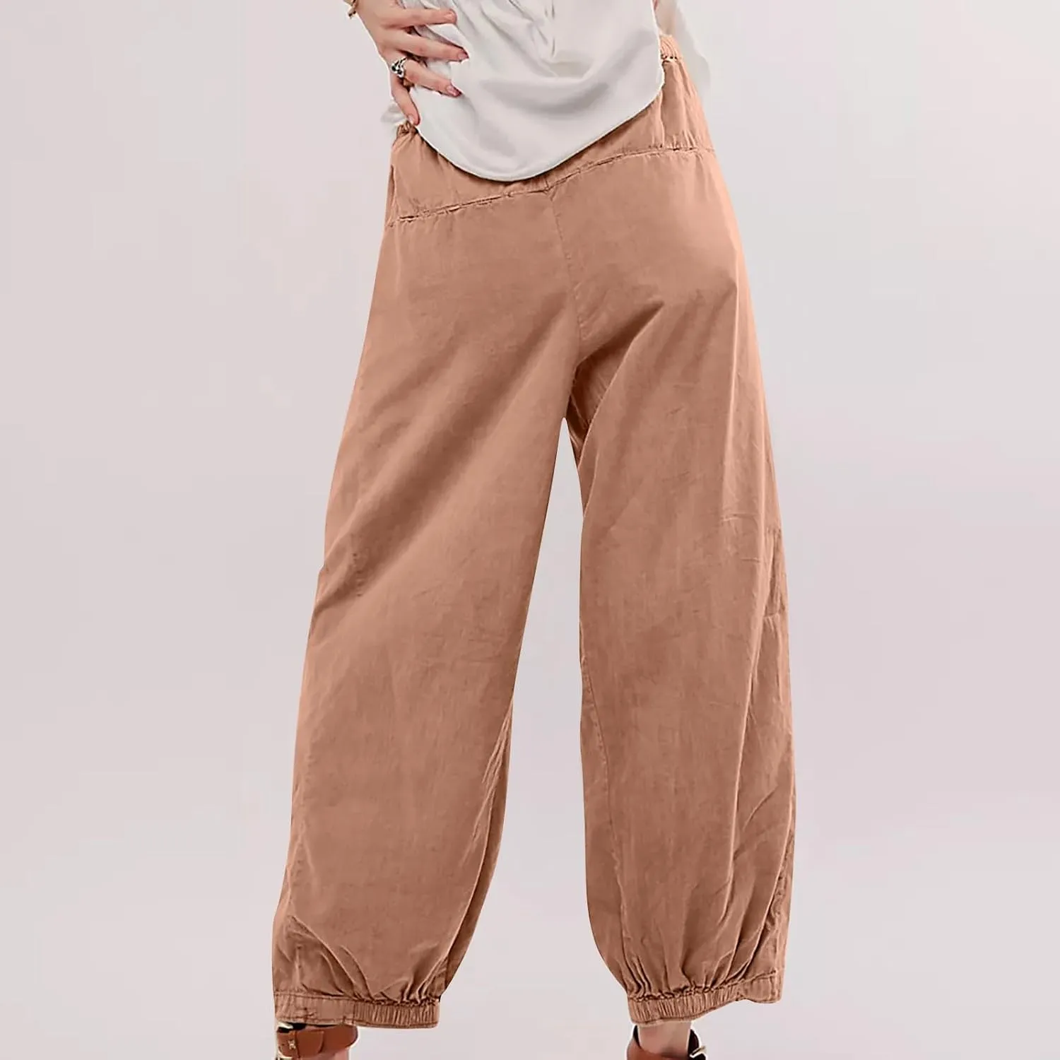 Womens Casual Cotton Linen Wide Leg Pants Elastic High Waisted Loose Pants Pleated Front Lounge Trousers Side Pockets