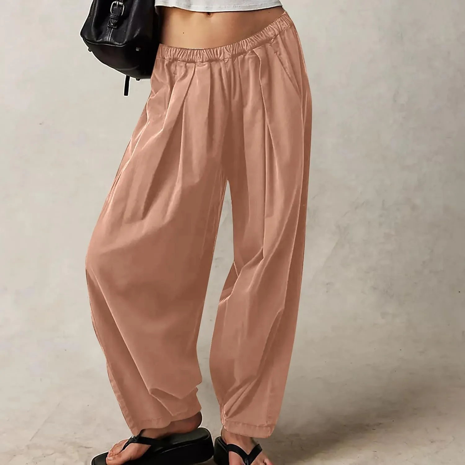 Womens Casual Cotton Linen Wide Leg Pants Elastic High Waisted Loose Pants Pleated Front Lounge Trousers Side Pockets