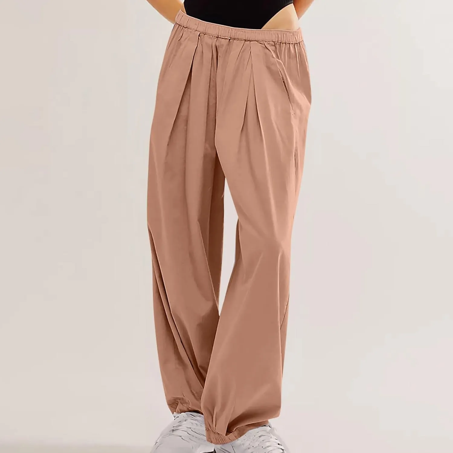 Womens Casual Cotton Linen Wide Leg Pants Elastic High Waisted Loose Pants Pleated Front Lounge Trousers Side Pockets