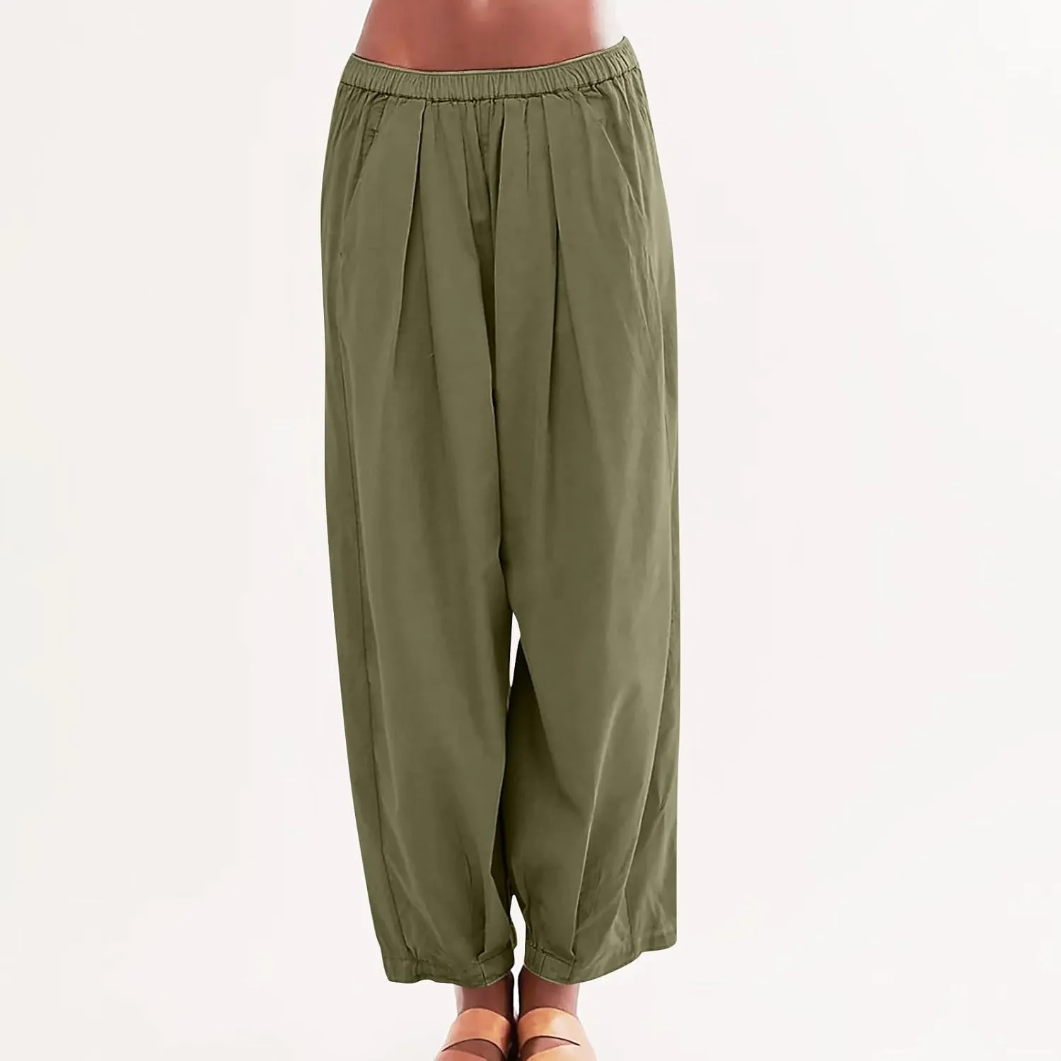 Womens Casual Cotton Linen Wide Leg Pants Elastic High Waisted Loose Pants Pleated Front Lounge Trousers Side Pockets