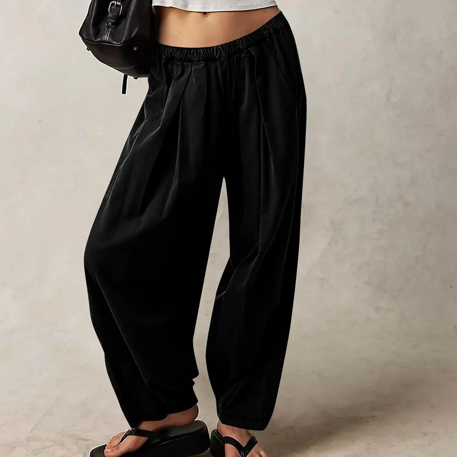 Womens Casual Cotton Linen Wide Leg Pants Elastic High Waisted Loose Pants Pleated Front Lounge Trousers Side Pockets