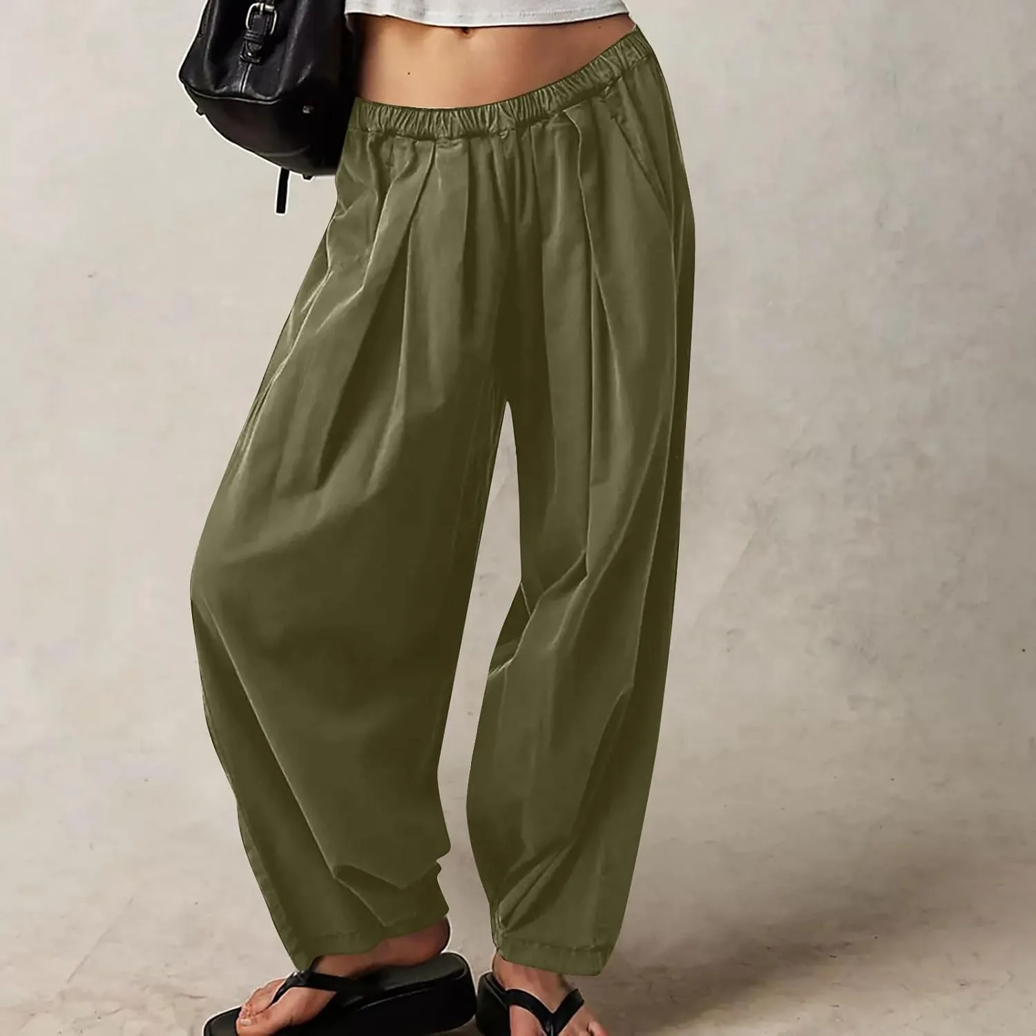 Womens Casual Cotton Linen Wide Leg Pants Elastic High Waisted Loose Pants Pleated Front Lounge Trousers Side Pockets