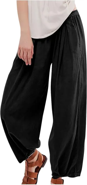 Womens Casual Cotton Linen Wide Leg Pants Elastic High Waisted Loose Pants Pleated Front Lounge Trousers Side Pockets