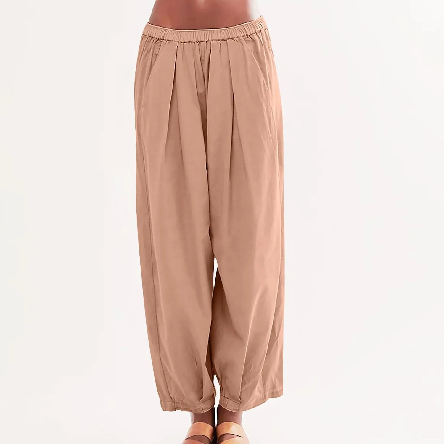 Womens Casual Cotton Linen Wide Leg Pants Elastic High Waisted Loose Pants Pleated Front Lounge Trousers Side Pockets