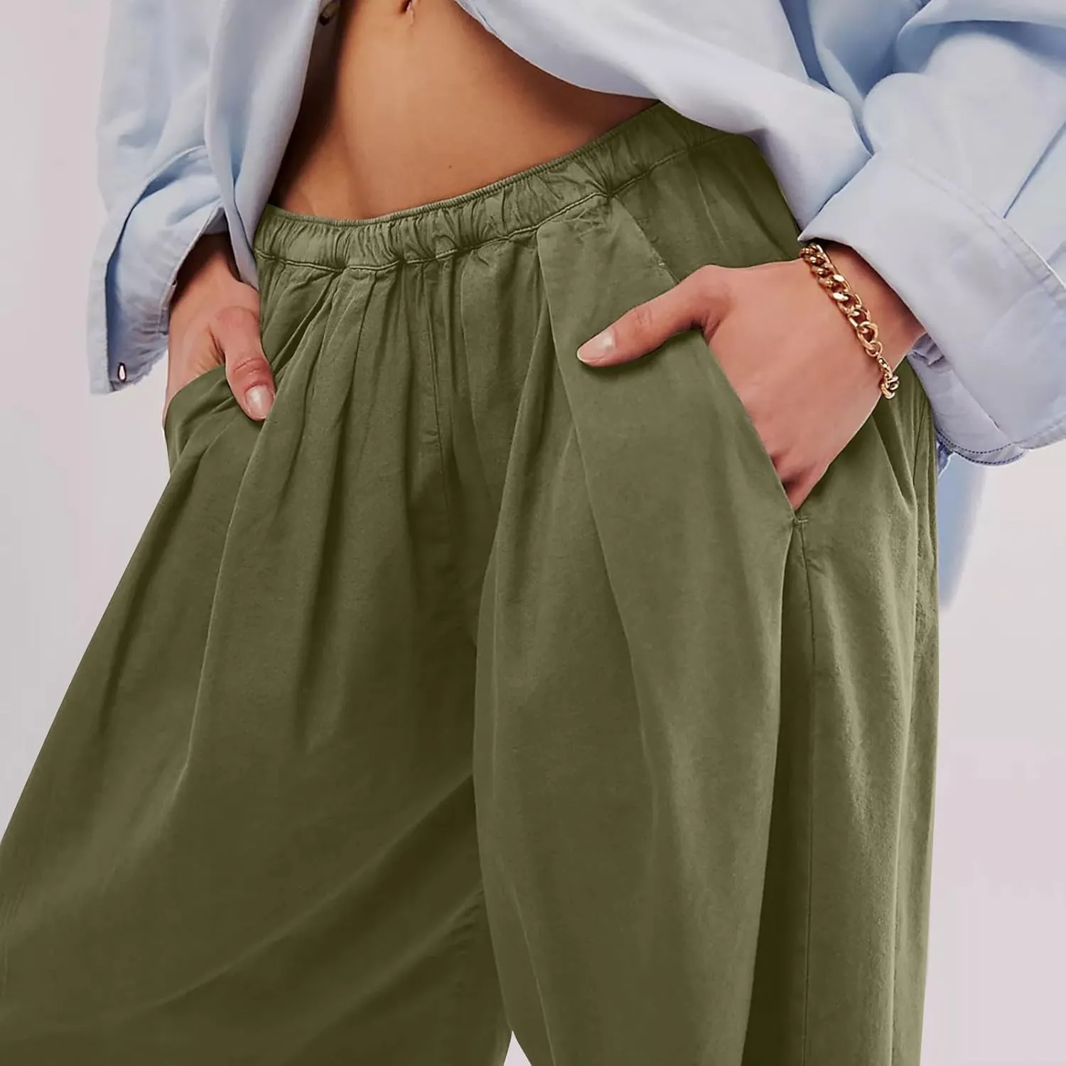 Womens Casual Cotton Linen Wide Leg Pants Elastic High Waisted Loose Pants Pleated Front Lounge Trousers Side Pockets