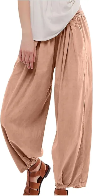 Womens Casual Cotton Linen Wide Leg Pants Elastic High Waisted Loose Pants Pleated Front Lounge Trousers Side Pockets