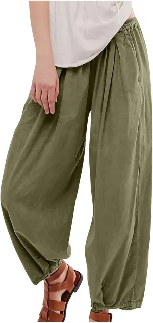 Womens Casual Cotton Linen Wide Leg Pants Elastic High Waisted Loose Pants Pleated Front Lounge Trousers Side Pockets