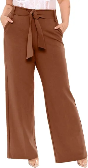 Women's Casual High Waist Belted Wide Leg Pants Dressy Baggy Tie Waist Straight Leg Trousers with Pockets Work Office