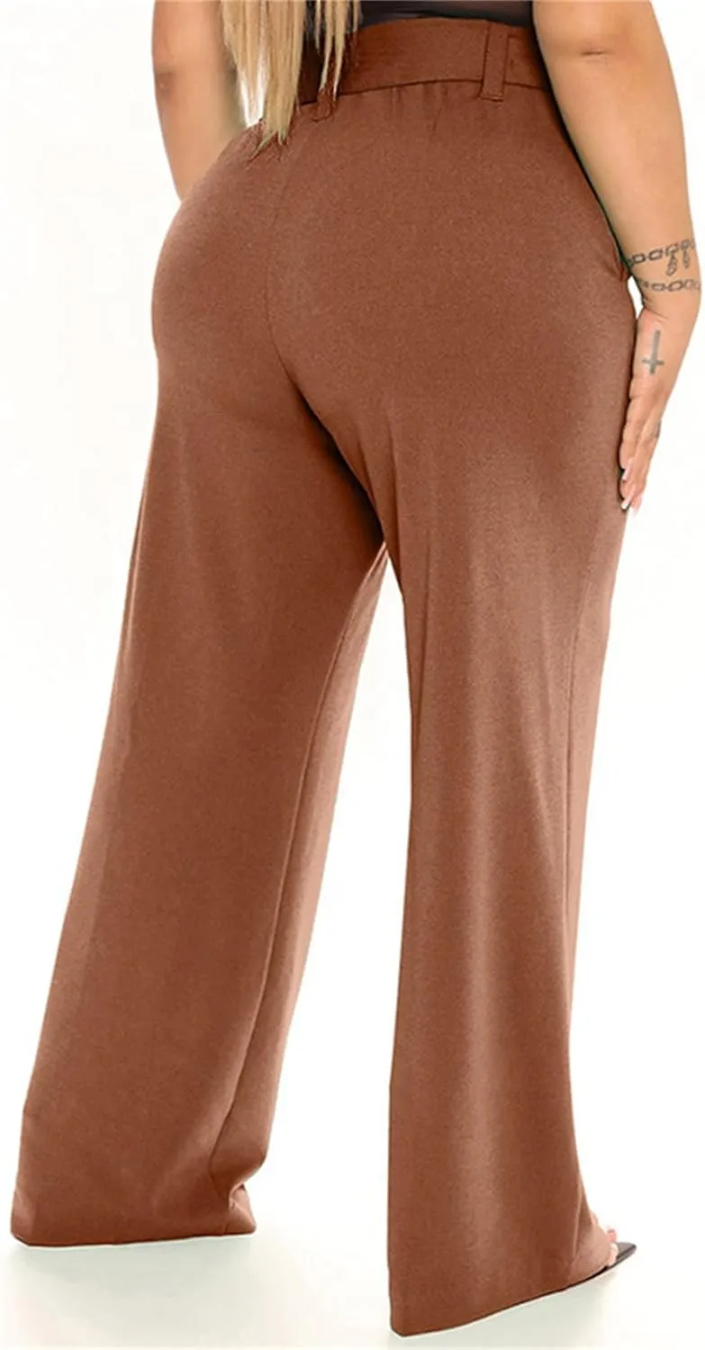 Women's Casual High Waist Belted Wide Leg Pants Dressy Baggy Tie Waist Straight Leg Trousers with Pockets Work Office