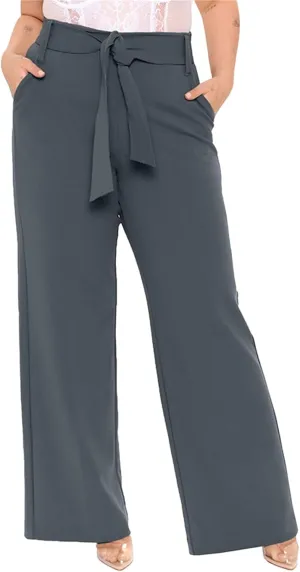 Women's Casual High Waist Belted Wide Leg Pants Dressy Baggy Tie Waist Straight Leg Trousers with Pockets Work Office