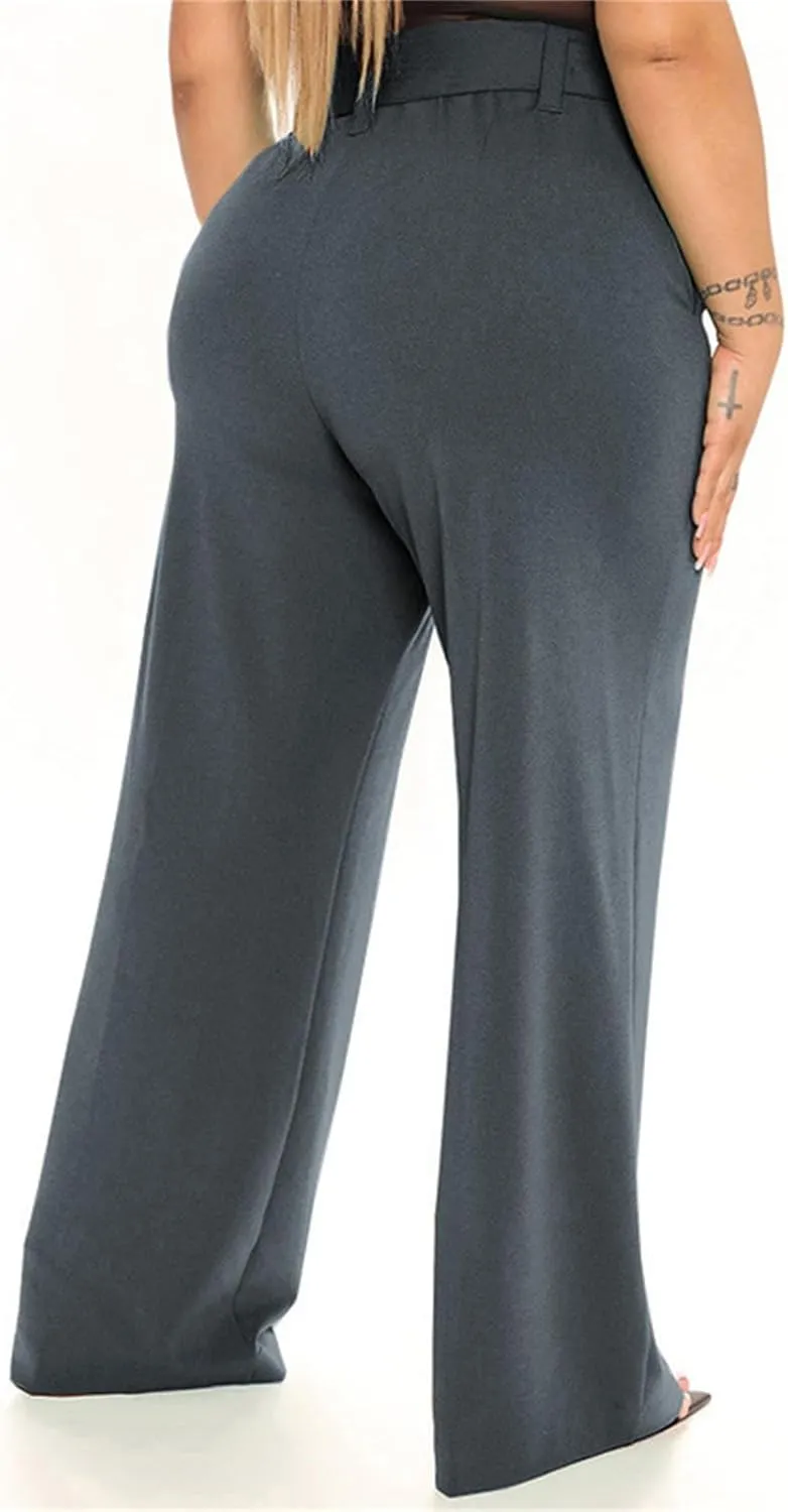 Women's Casual High Waist Belted Wide Leg Pants Dressy Baggy Tie Waist Straight Leg Trousers with Pockets Work Office