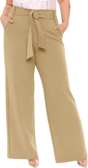 Women's Casual High Waist Belted Wide Leg Pants Dressy Baggy Tie Waist Straight Leg Trousers with Pockets Work Office
