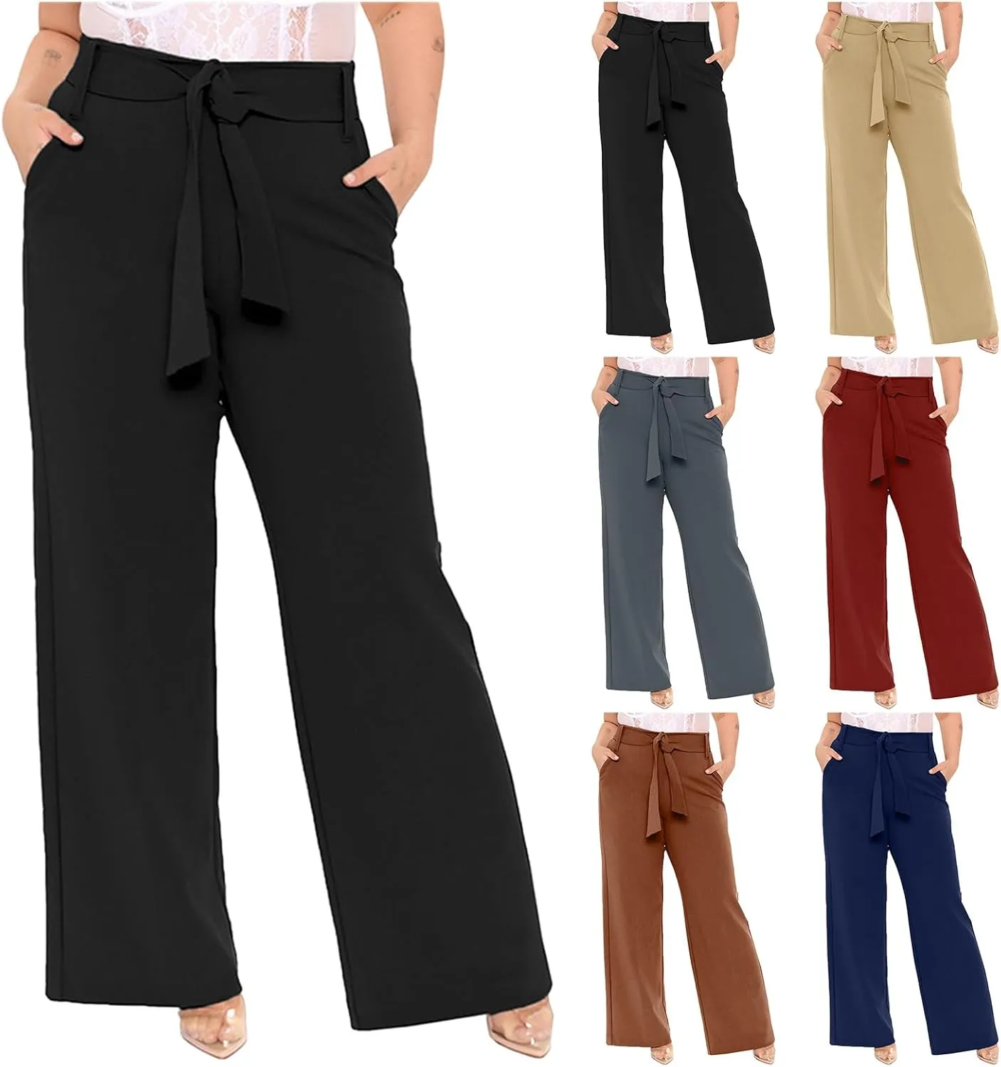 Women's Casual High Waist Belted Wide Leg Pants Dressy Baggy Tie Waist Straight Leg Trousers with Pockets Work Office