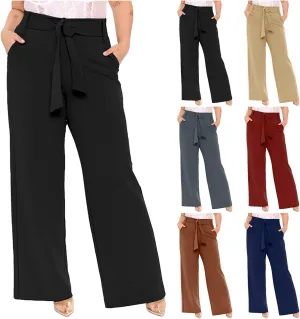 Women's Casual High Waist Belted Wide Leg Pants Dressy Baggy Tie Waist Straight Leg Trousers with Pockets Work Office
