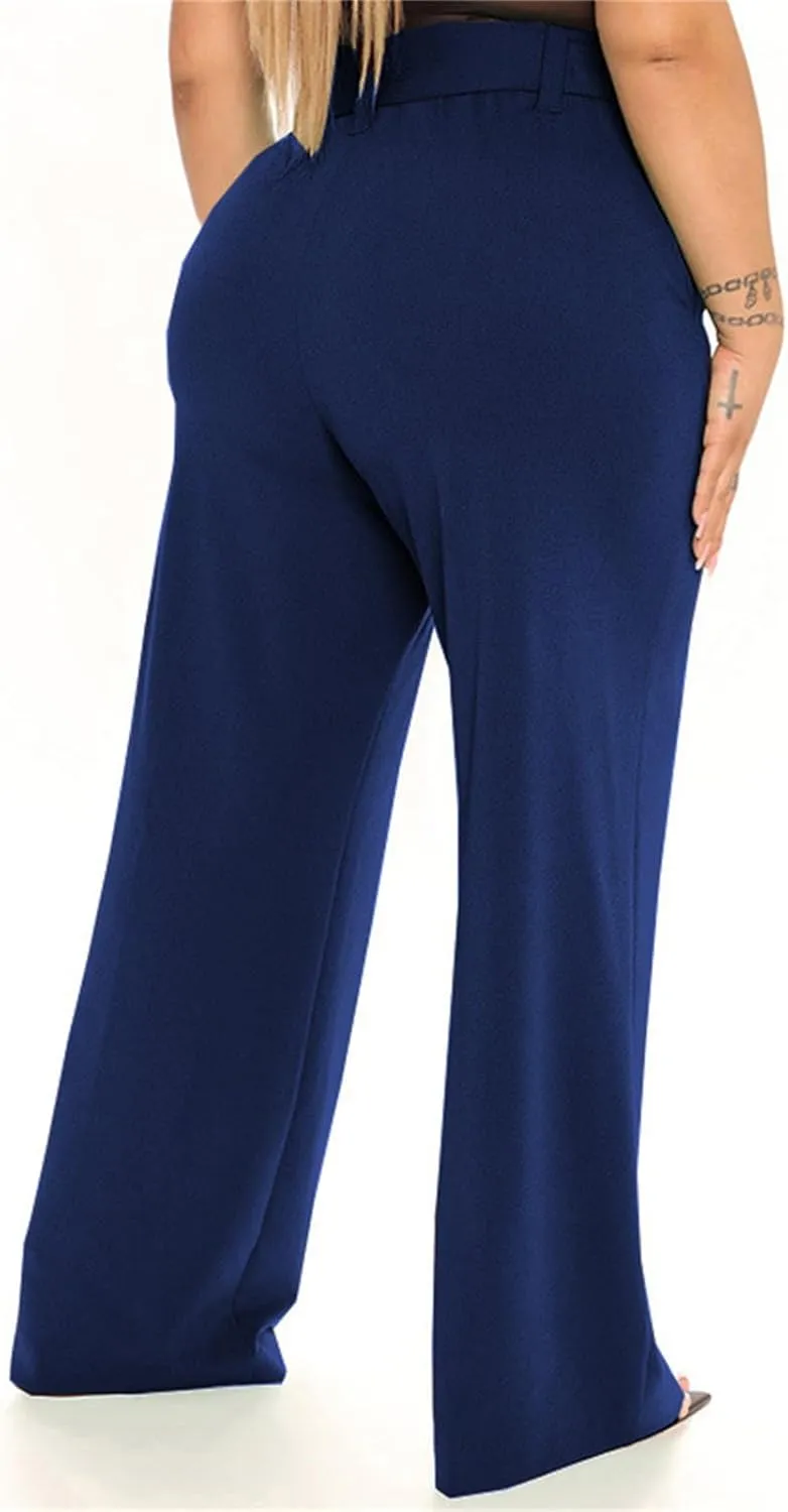 Women's Casual High Waist Belted Wide Leg Pants Dressy Baggy Tie Waist Straight Leg Trousers with Pockets Work Office