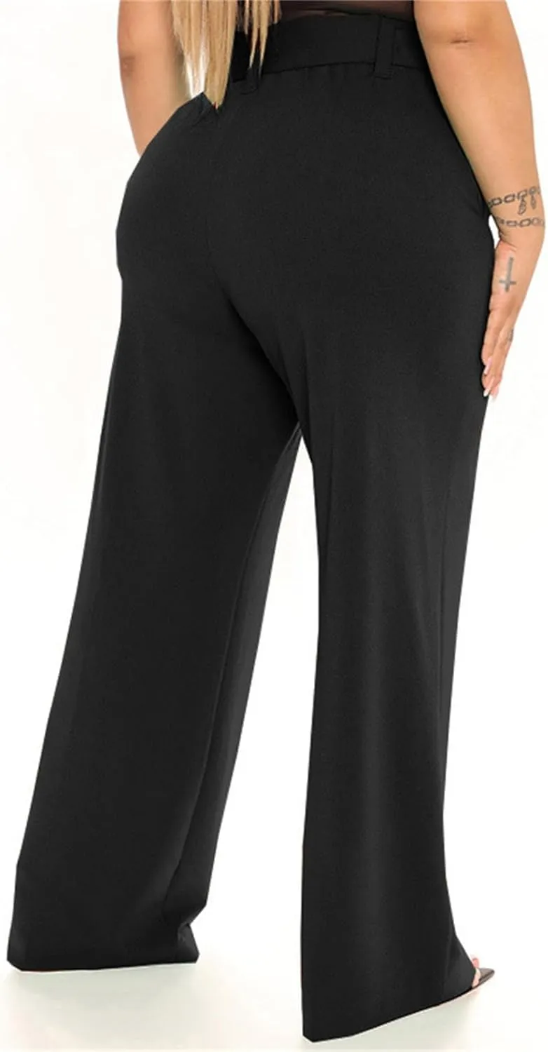 Women's Casual High Waist Belted Wide Leg Pants Dressy Baggy Tie Waist Straight Leg Trousers with Pockets Work Office