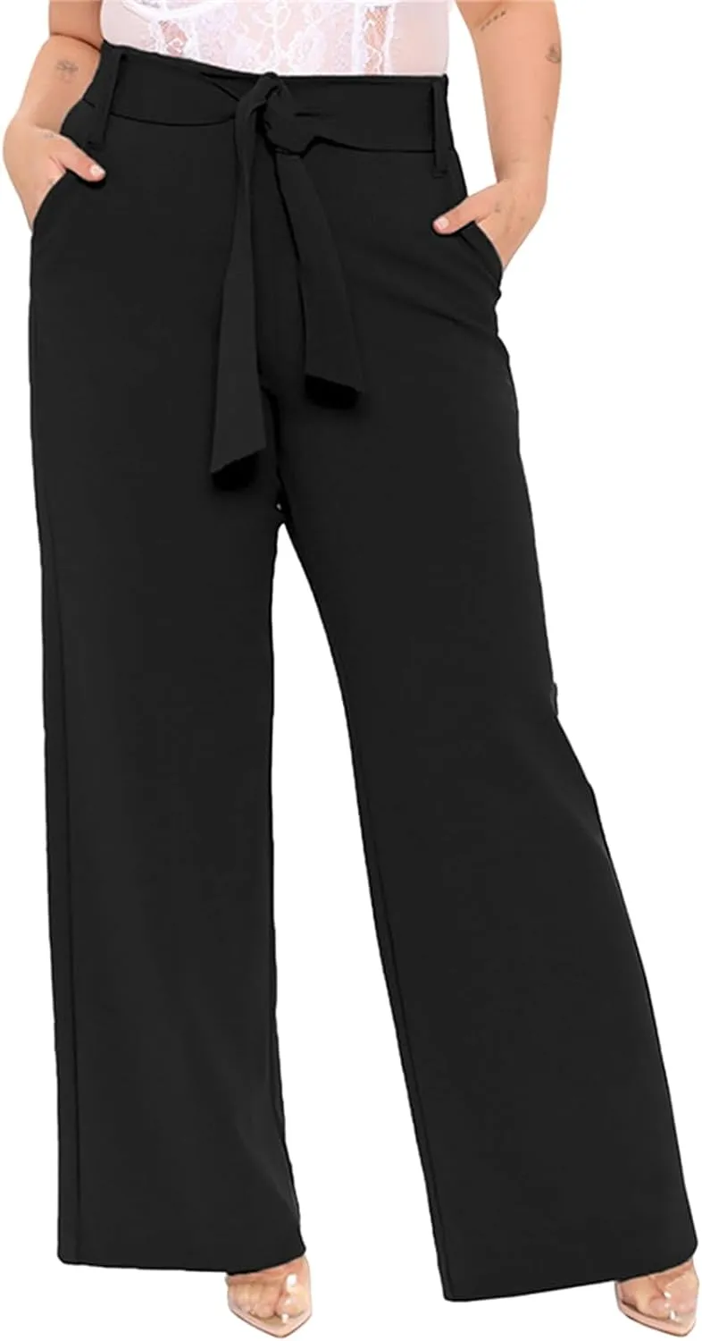 Women's Casual High Waist Belted Wide Leg Pants Dressy Baggy Tie Waist Straight Leg Trousers with Pockets Work Office