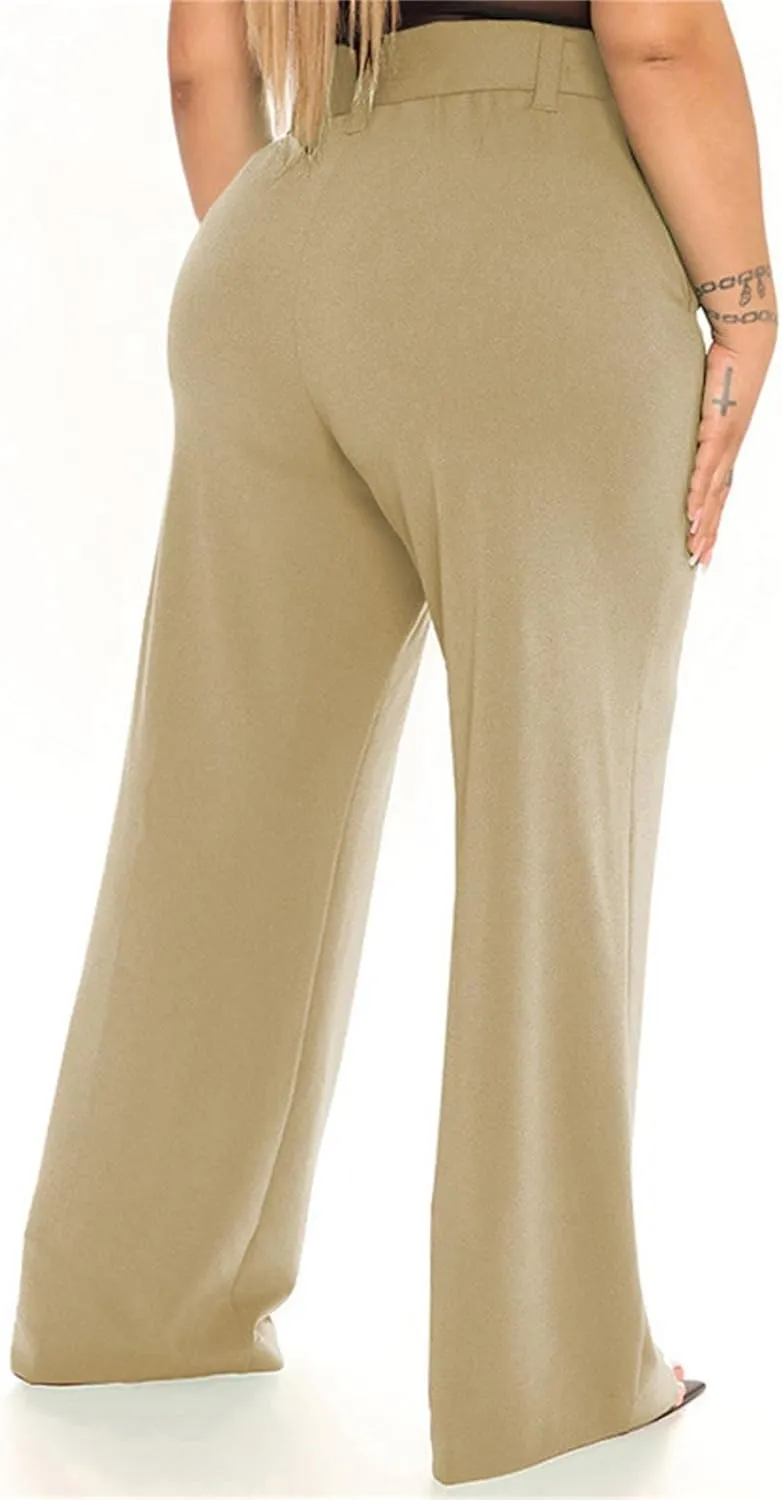 Women's Casual High Waist Belted Wide Leg Pants Dressy Baggy Tie Waist Straight Leg Trousers with Pockets Work Office
