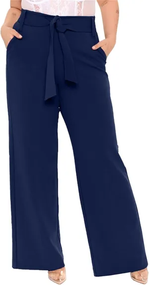 Women's Casual High Waist Belted Wide Leg Pants Dressy Baggy Tie Waist Straight Leg Trousers with Pockets Work Office