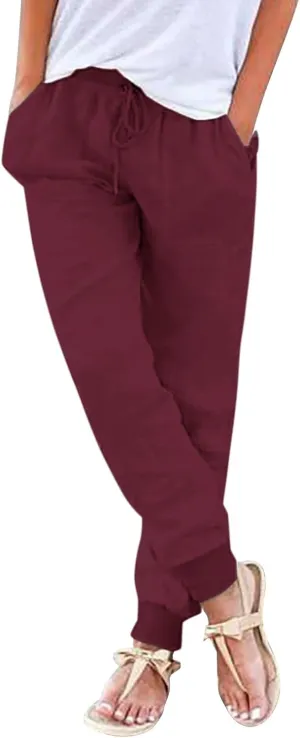 Womens Casual Pants Drawstring Elastic Waist Trousers Wide Leg Straight Pants Slim Fit Comfy Leg Closure Leisure